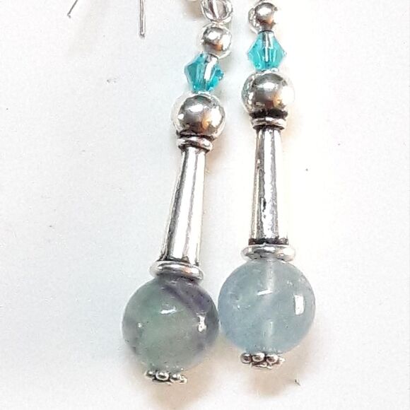Artisan earrings  433# dangle earrings Fluorite Blue gemstone 925 Silver crafted - Picture 2 of 5